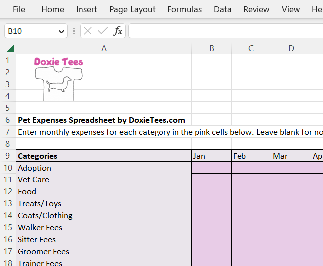 partial screen capture of dog cost spreadsheet
