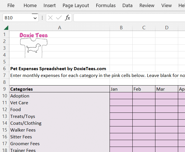 partial screen capture of dog cost spreadsheet